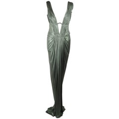 ROBERTO CAVALLI Grünes Metallic-Kleid mit Kleopatra-Motiv Größe 42