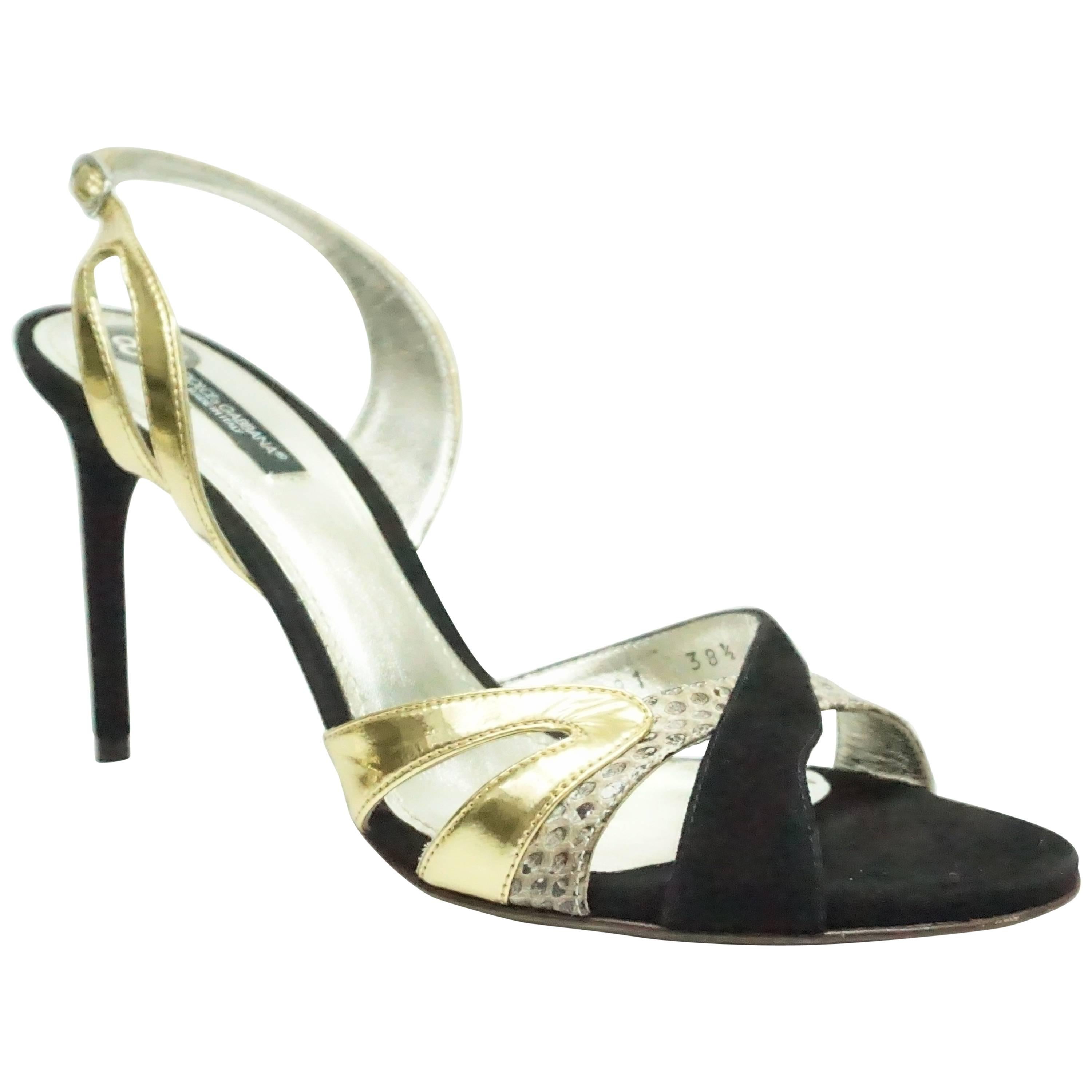 Dolce & Gabbana Black Suede Slingback w/ Gold Leather and Snakeskin - 38.5  For Sale