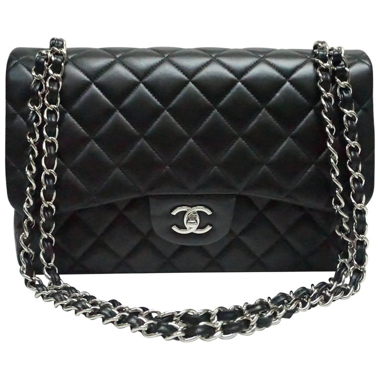 Chanel Jumbo Classic Black Lambskin Double Flap Bag with Silver Hardware,  2017 at 1stDibs