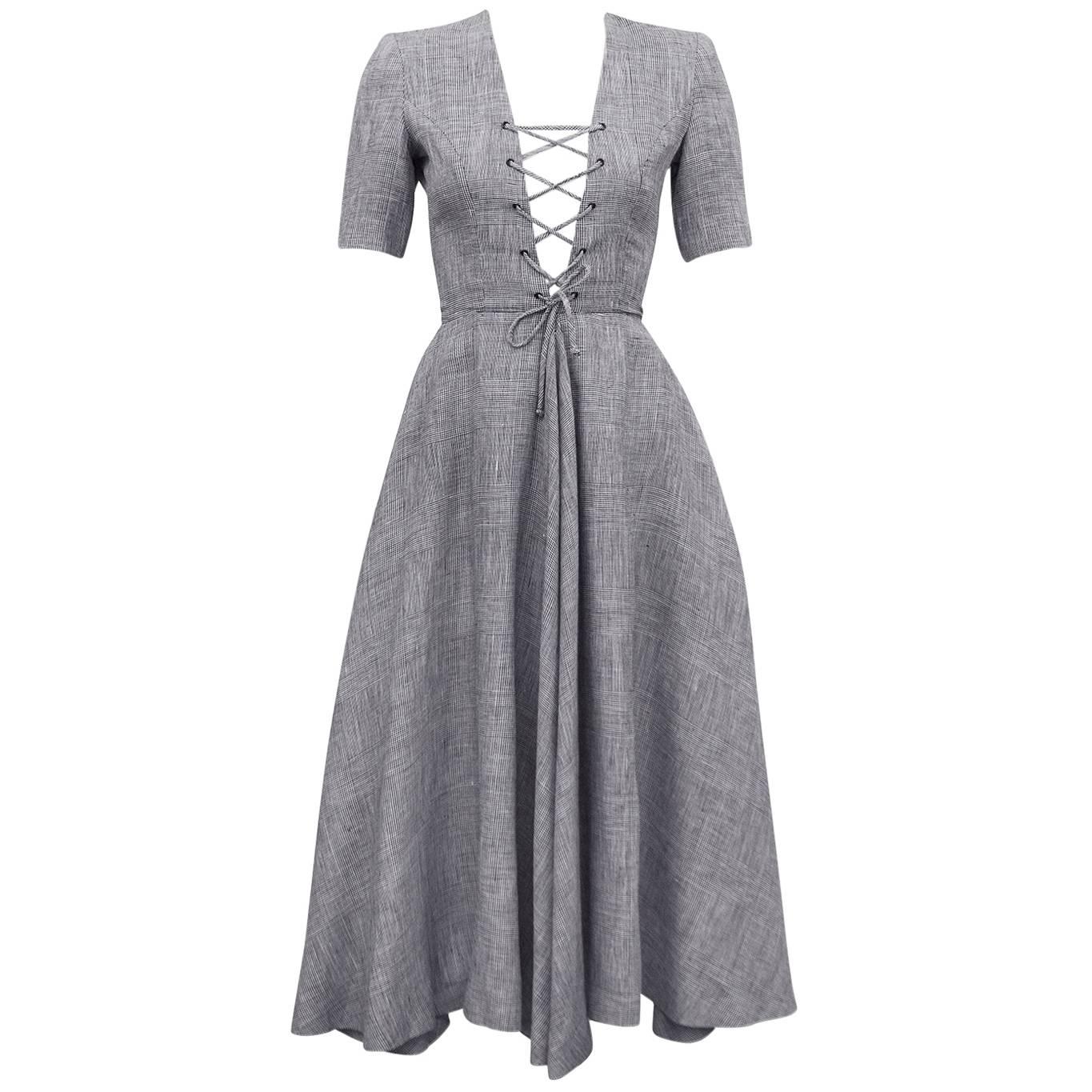 Lanvin Gray Lace Up Front Day Dress, 1970s 
