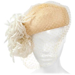 Natural Straw Pillbox Cocktail Hat With Veil 