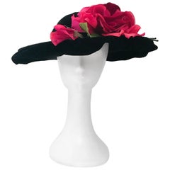 1940s Black Silk Velvet Hat with Silk Handmade Flowers