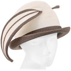 YVES SAINT LAURENT c.1960's YSL Off White Taupe Straw Sculptural Leaf Cloche Hat