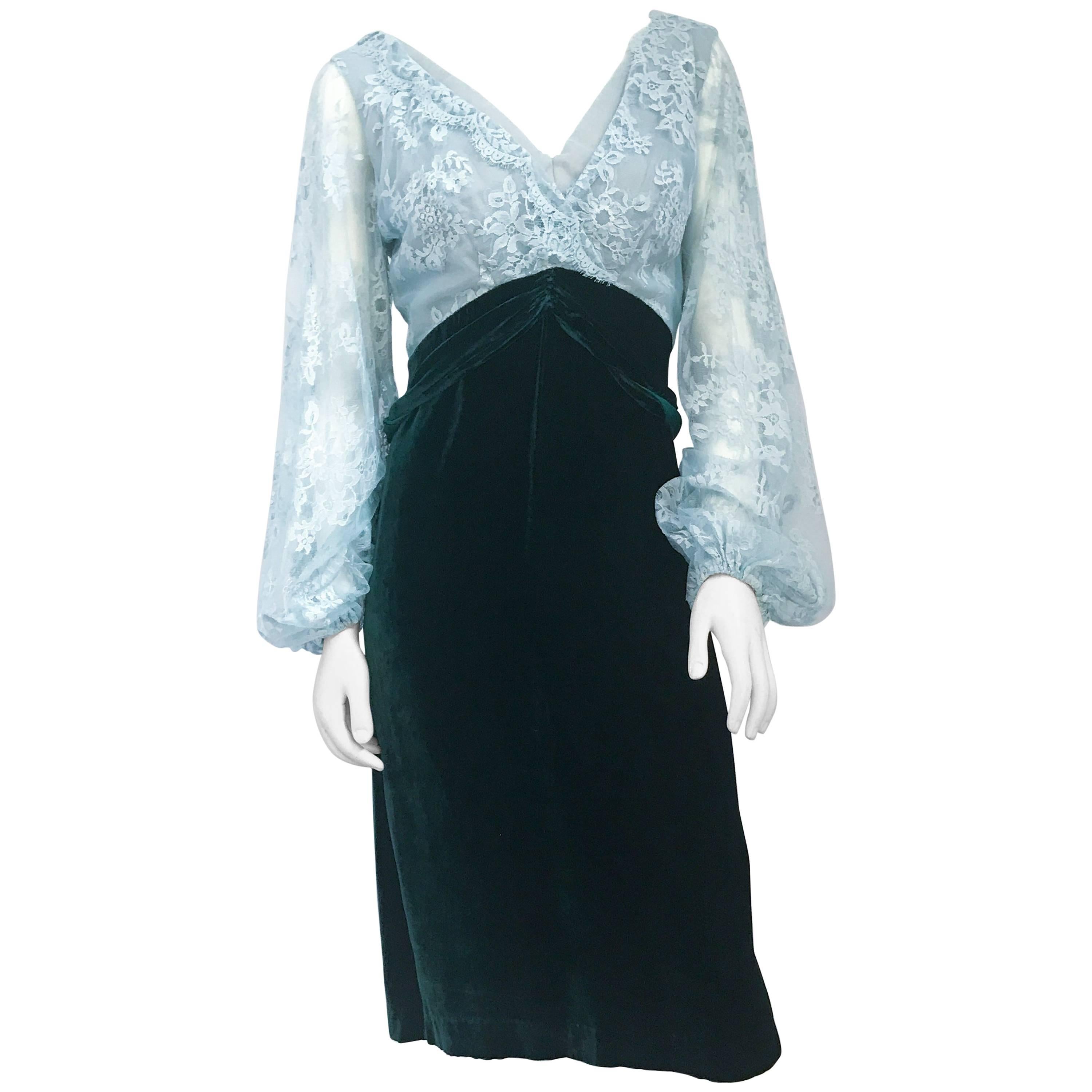 1960s Helen Rose Emerald Silk Velvet and Pale Blue Lace Dress For Sale