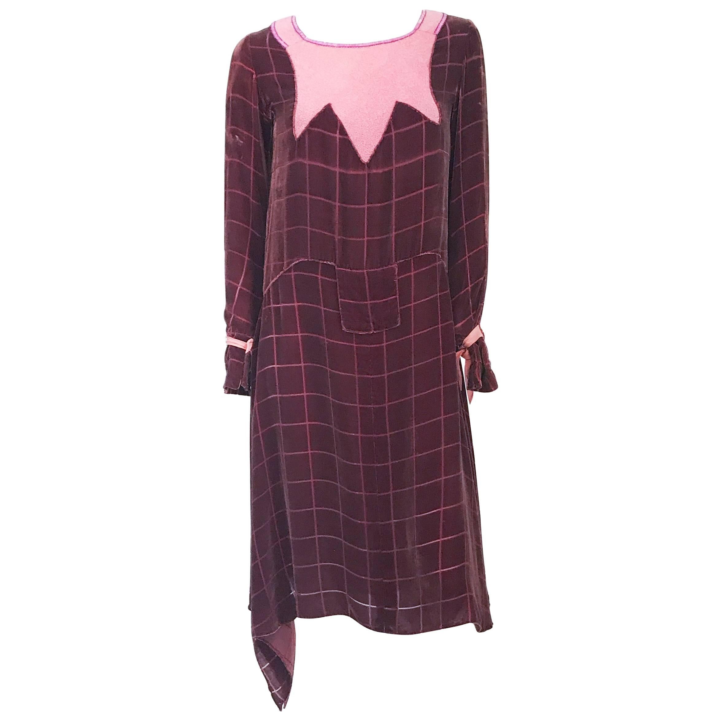 1920s Handmade Wine Silk Velvet Dress with Beaded Embellishment For Sale
