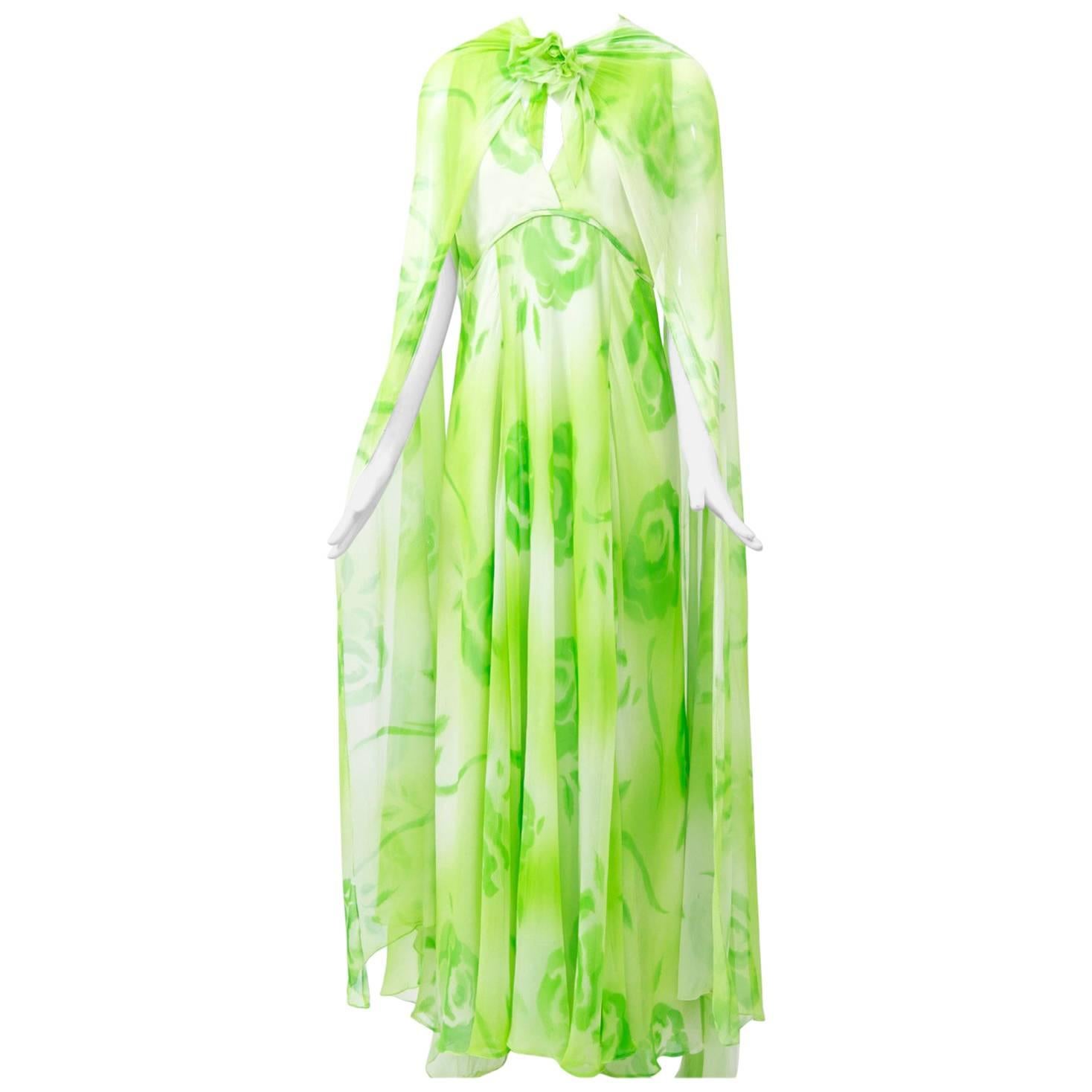 Lime Print Chiffon Gown and Scarf, 1970s 