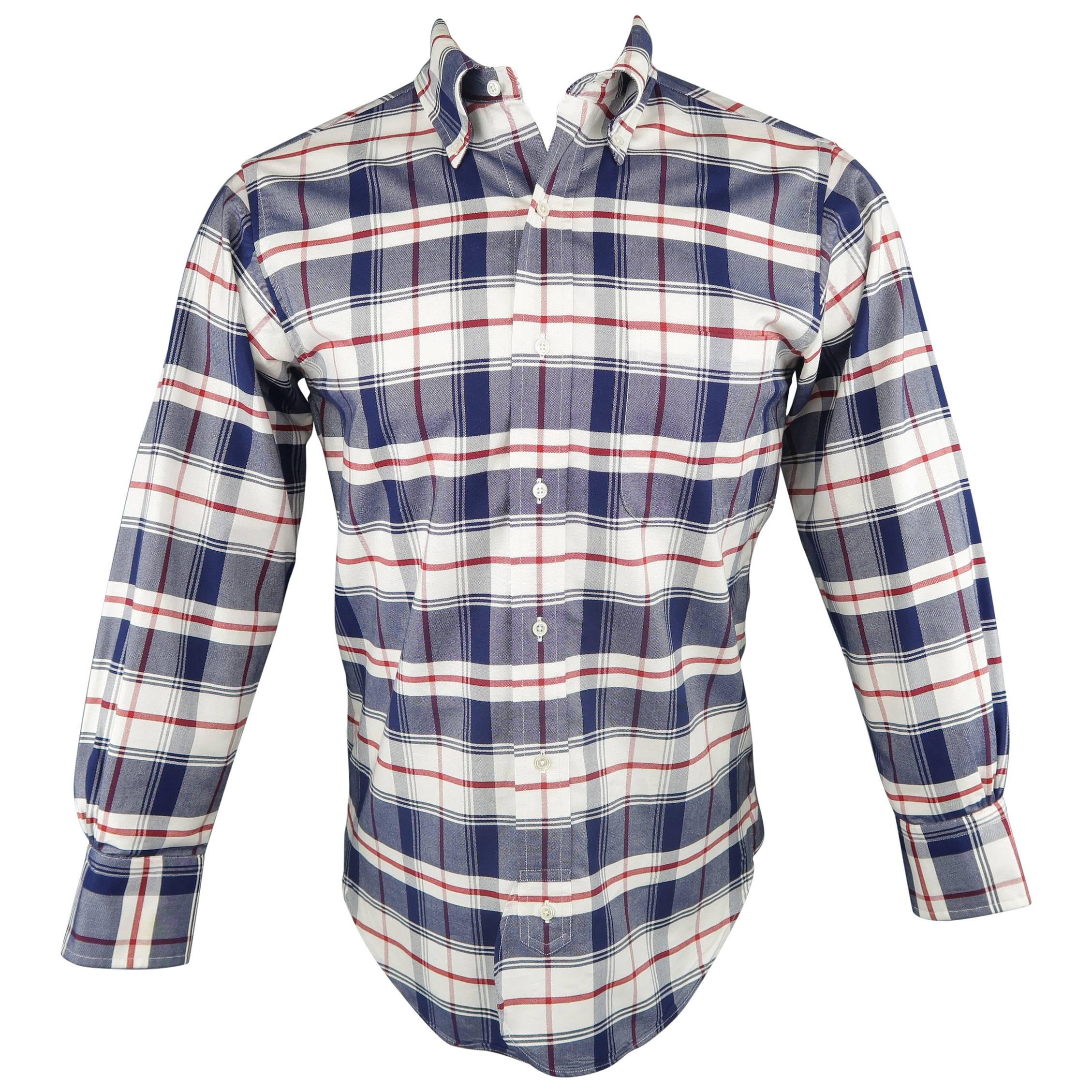 Men's BLACK FLEECE Size XS Red White & Blue Plaid Cotton Long Sleeve Shirt