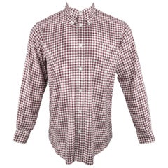 Men's HERMES Size M Burgundy & White Gingham Cotton Long Sleeve Shirt