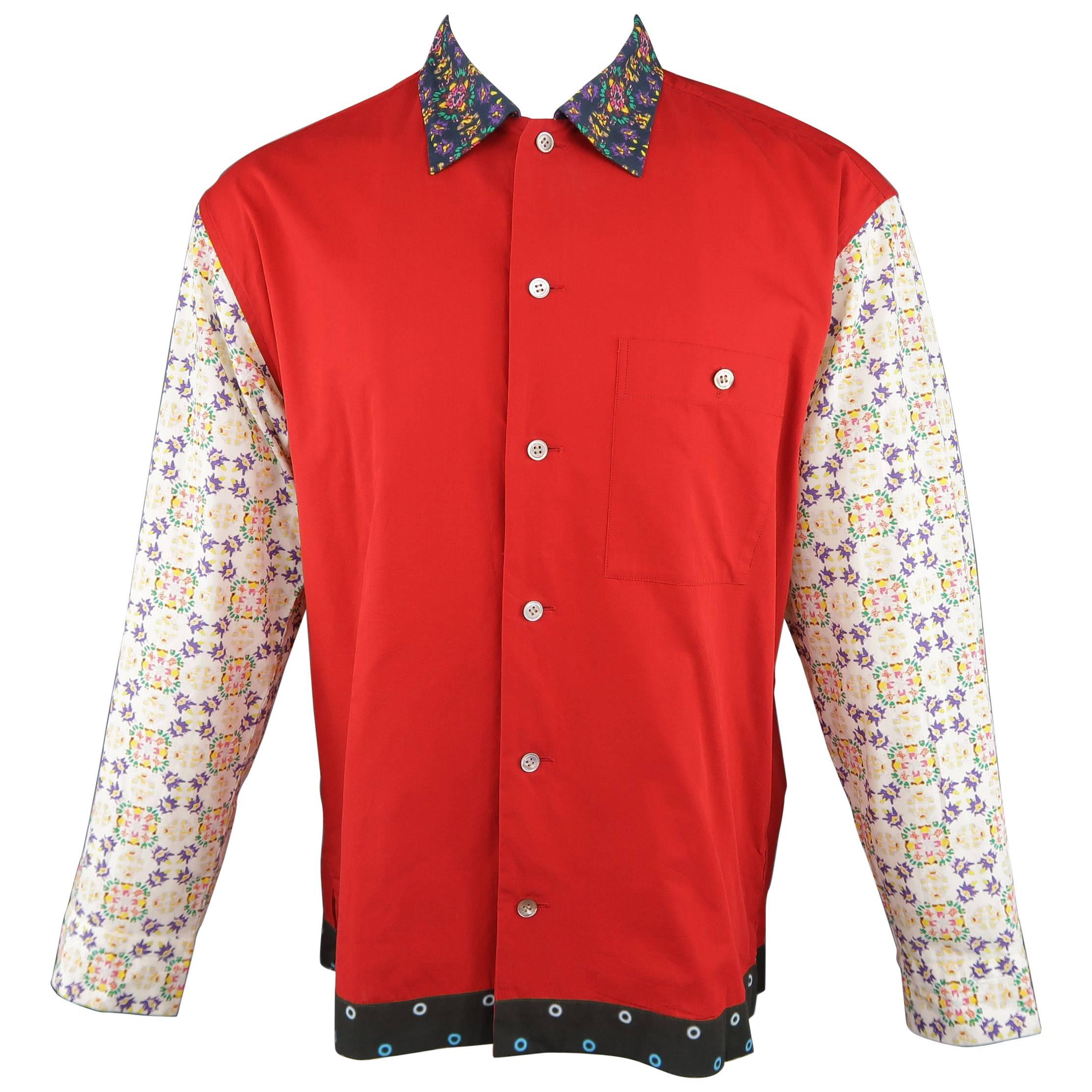 Men's ISSEY MIYAKE Size M Red Mixed Print Cotton Long Sleeve Shirt