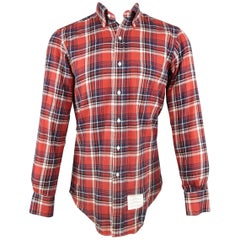 Men's THOM BROWNE Size M Red Plaid Cotton Long Sleeve Button Down Shirt