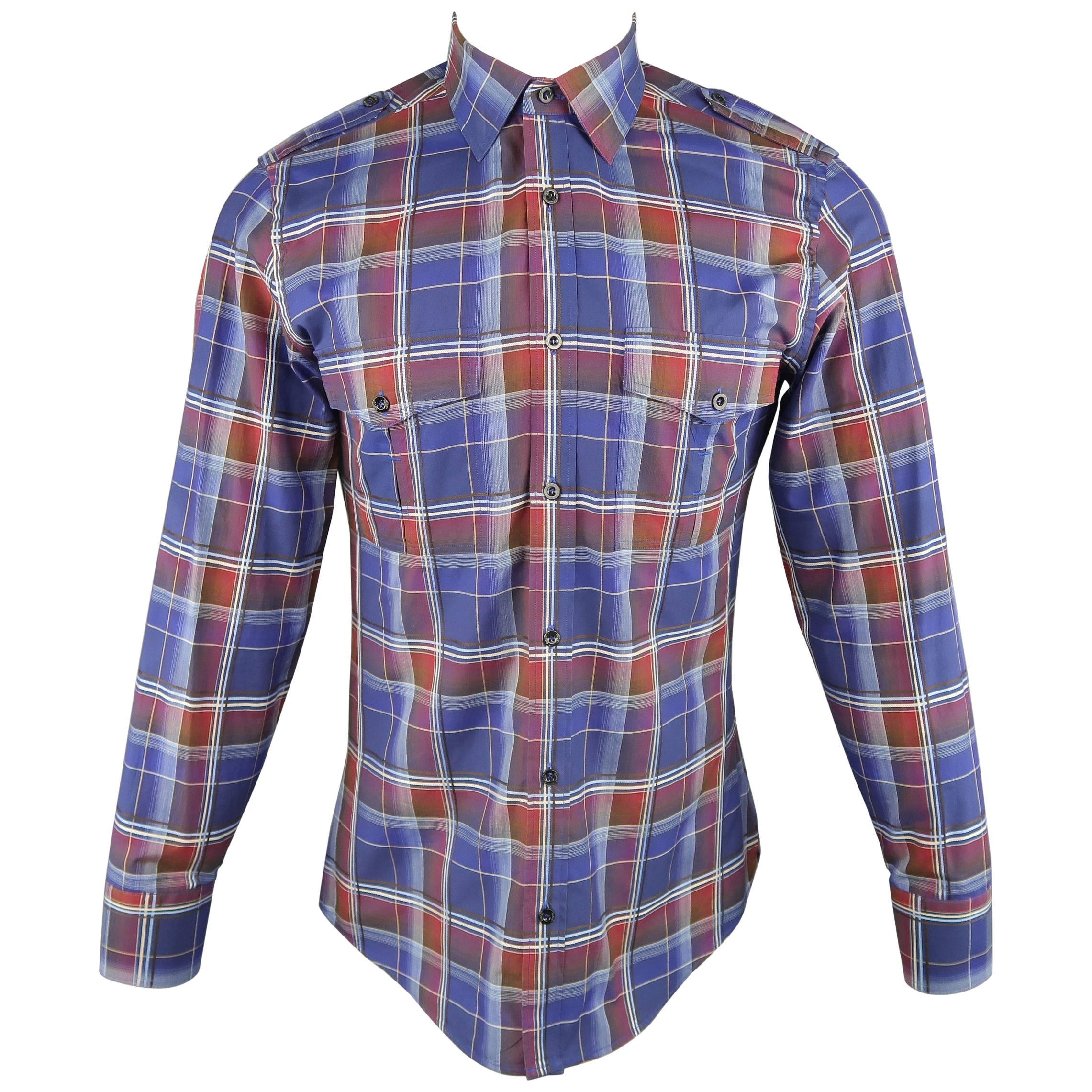 Men's GUCCI Size M Navy & Burgundy Plaid Cotton Long Sleeve Military Shirt