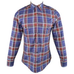 Men's GUCCI Size M Navy & Burgundy Plaid Cotton Long Sleeve Military Shirt