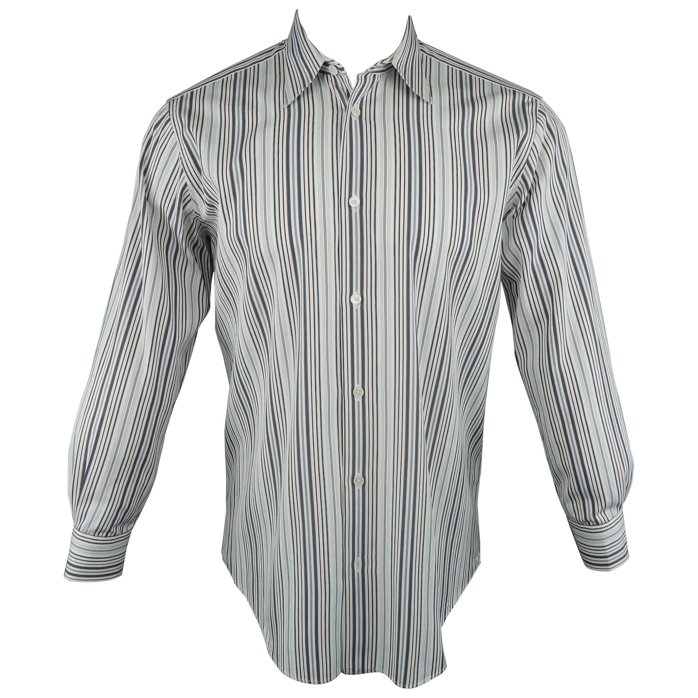 Men's HERMES Size M White Red & Grey Stripe Cotton Long Sleeve Shirt