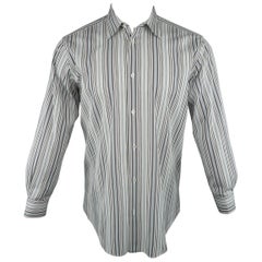 Men's HERMES Size M White Red & Grey Stripe Cotton Long Sleeve Shirt