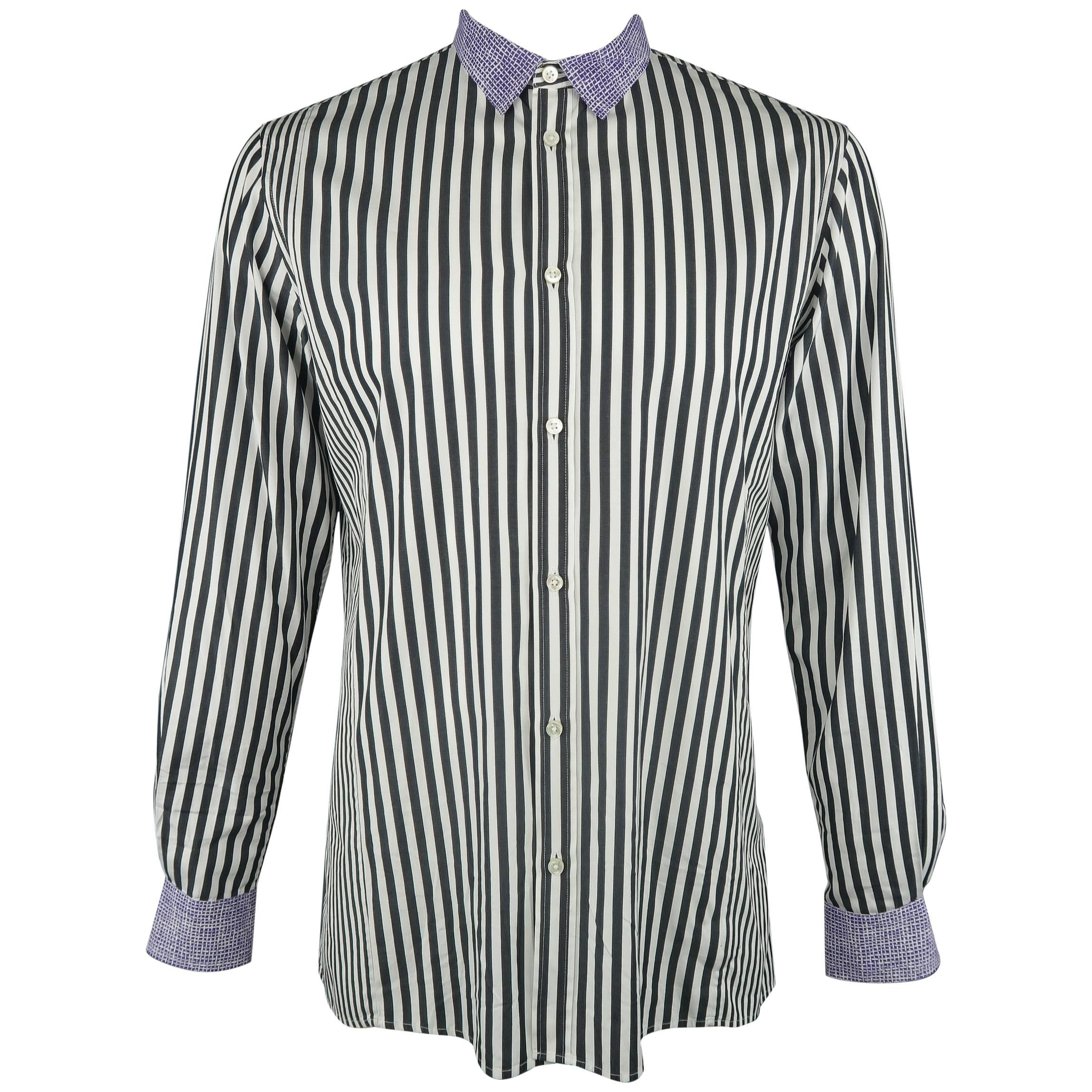 Men's BOTTEGA VENETA Size L Black & White Stripe Purple Collar Cotton Shirt