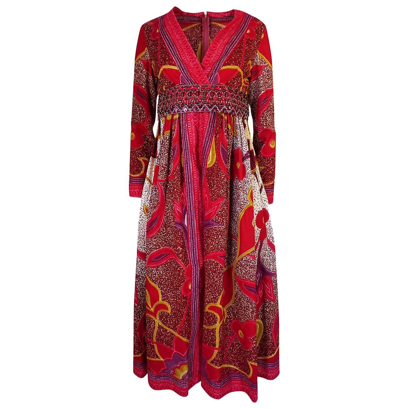 1960s Malcolm Starr Batik Print Dress w Heavily Beaded Belt