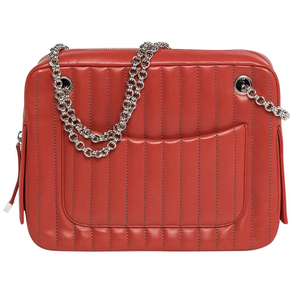 Chanel Geranium Red Lambskin Two Chain Handles Shopping Bag With Side Pockets For Sale