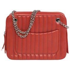 Chanel Geranium Red Lambskin Two Chain Handles Shopping Bag With Side Pockets Chanel Geranium Red Lambskin Two Chain Handles Shopping Bag With Side Pockets