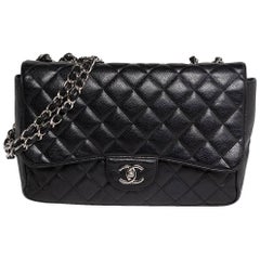 2006 Chanel Jumbo Single Flap Black Caviar Bag, Silver Hardware 