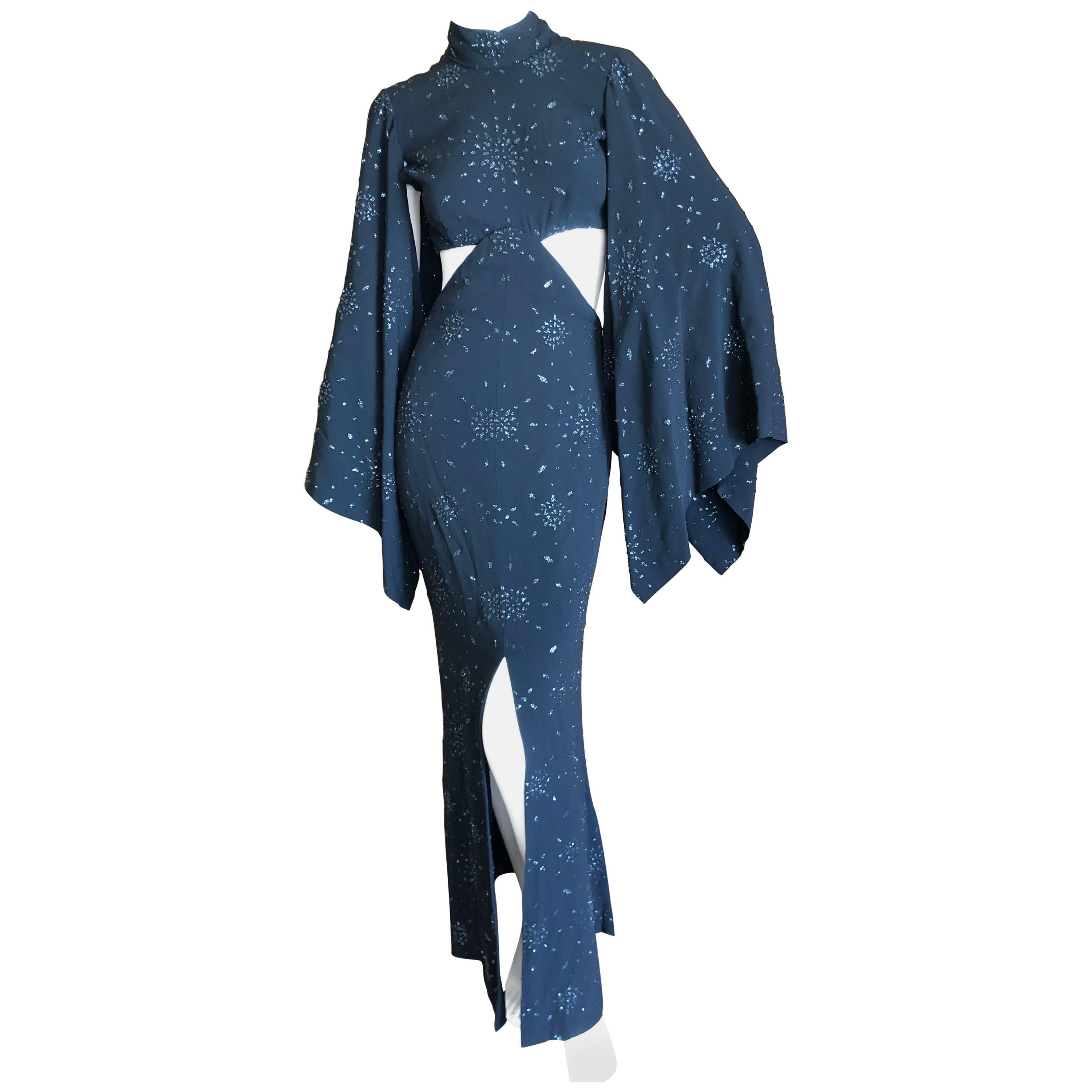 Cardinali 1970's Seductive Glittering Cut Out Evening Dress with Kimono Sleeves For Sale