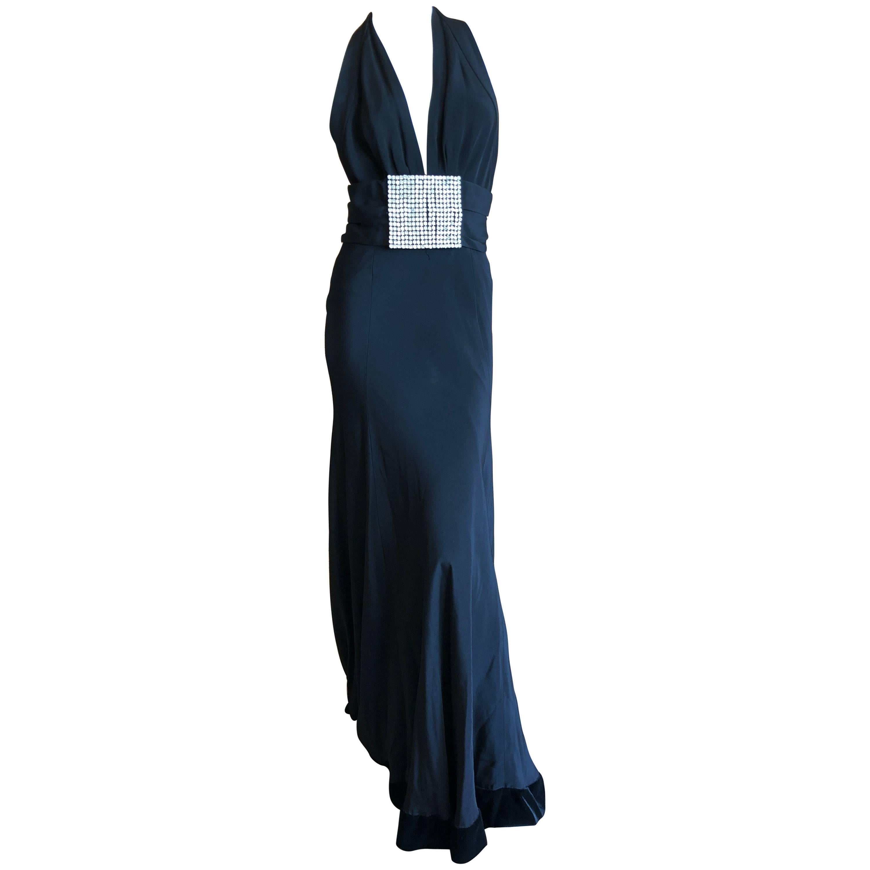 Cardinali Black Low Cut Halter Evening Dress with Huge Rhinestone Crystal Belt For Sale