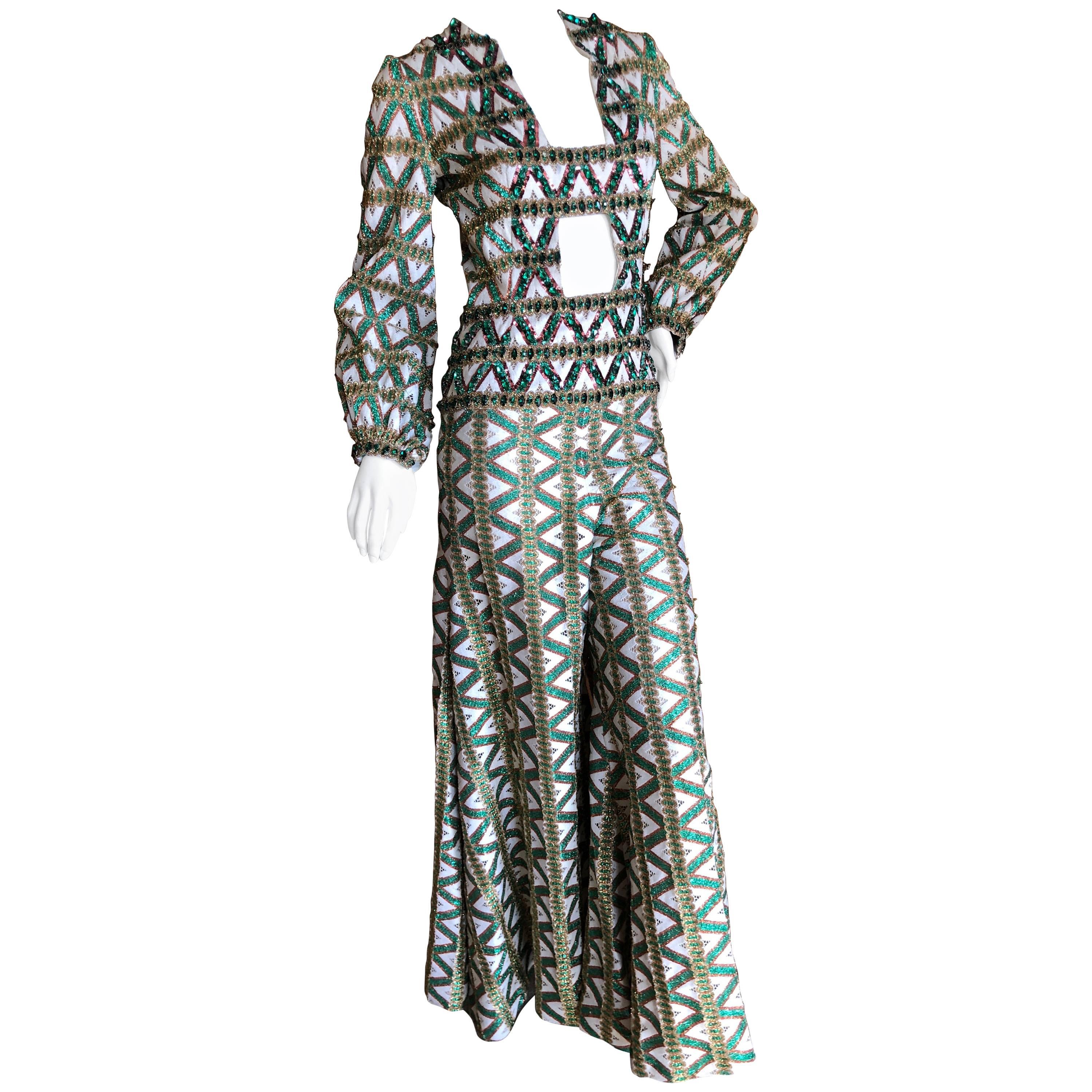 Cardinali Trelliage Pattern Key Hole Jumpsuit with Large Emerald Crystals For Sale