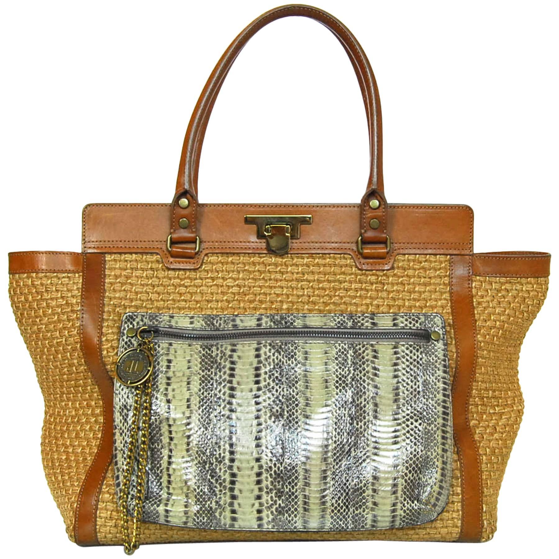 Lanvin Tan Woven Tote Bag with Detachable Snakeskin Pouch 