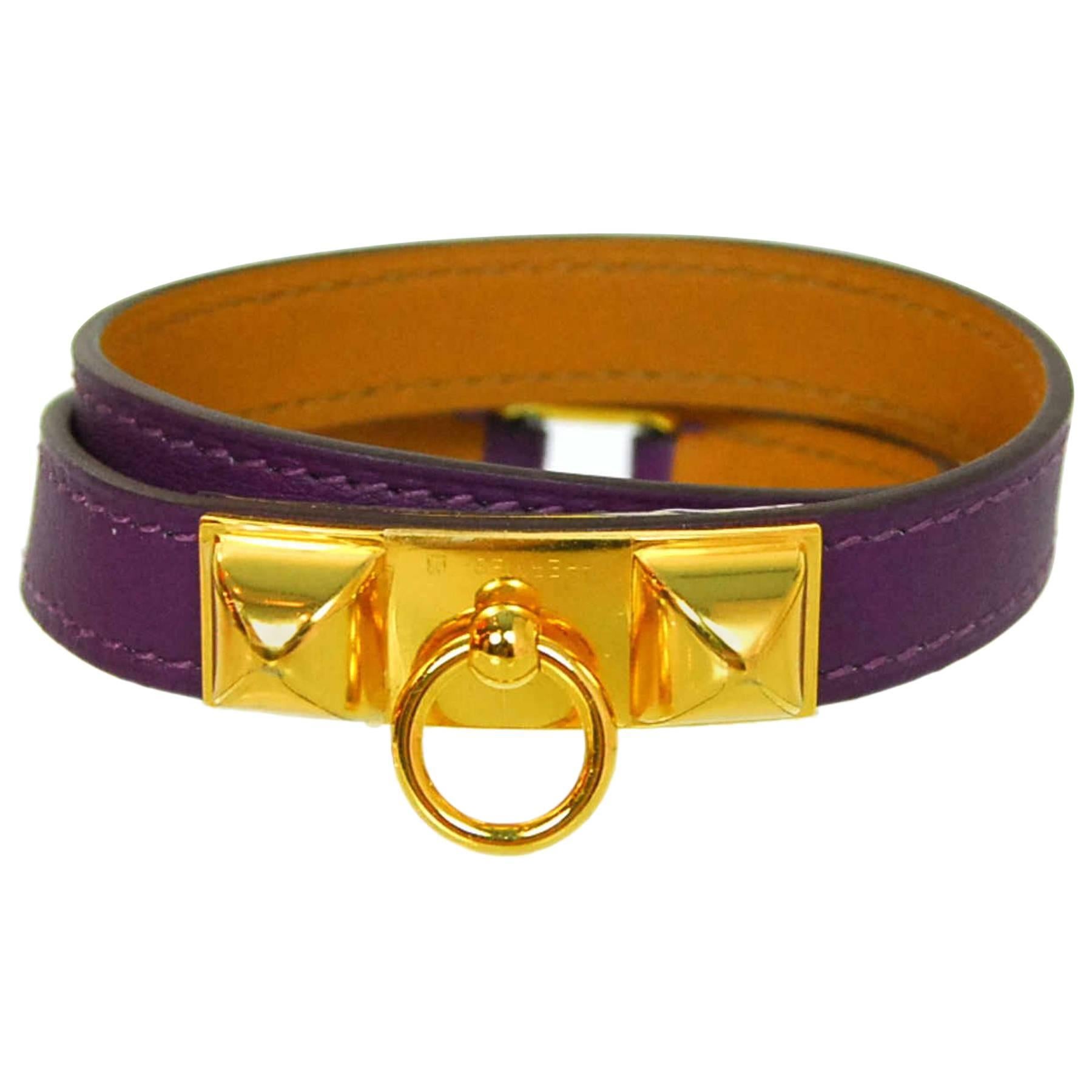 Hermès Purple and Goldtone Rivale Double Tour Wrap Bracelet Sz M NIB