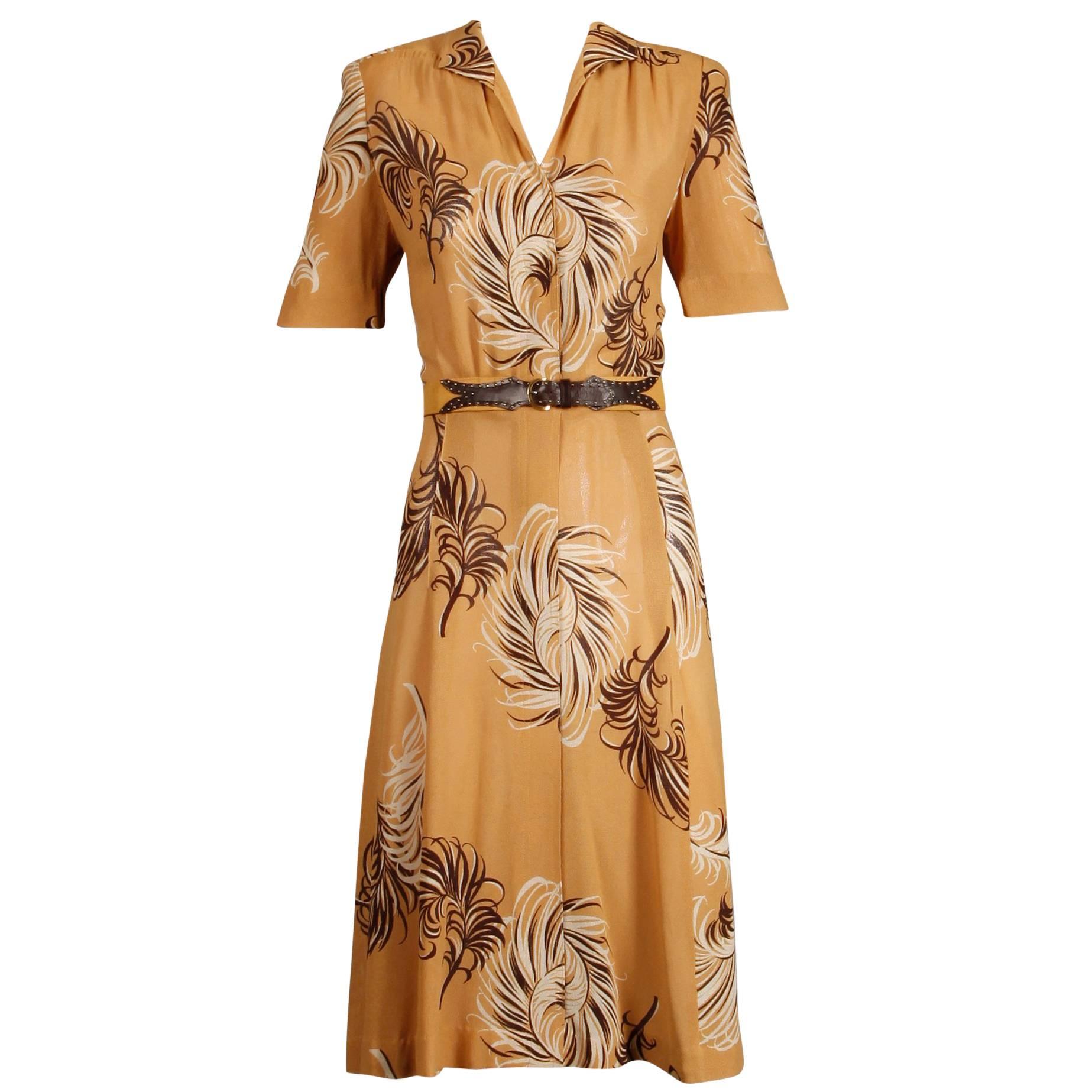 1940s Terry Rogers Vintage Mustard Yellow + Brown Print Day Dress + Leather Belt
