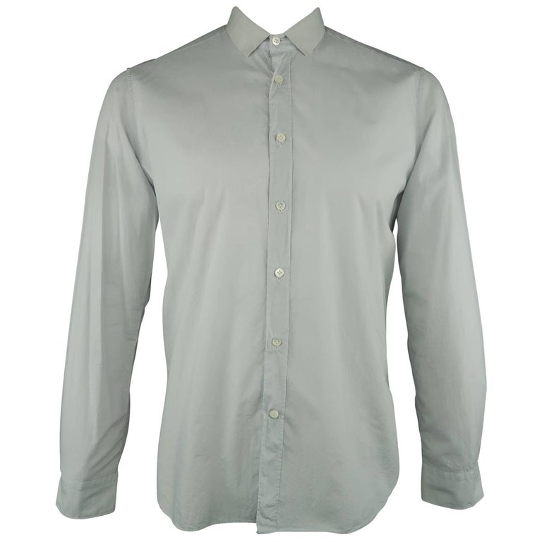 Men's LANVIN Size L Light Gray Cotton Ribbon Collar Long Sleeve Shirt ...