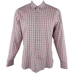 Men's GUCCI Size XL Red & White Plaid Cotton Long Sleeve Slim Dress Shirt