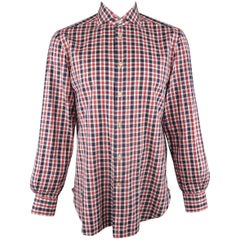 Men's KITON Size L Navy & Red Checkered Plaid Cotton Long Sleeve Shirt