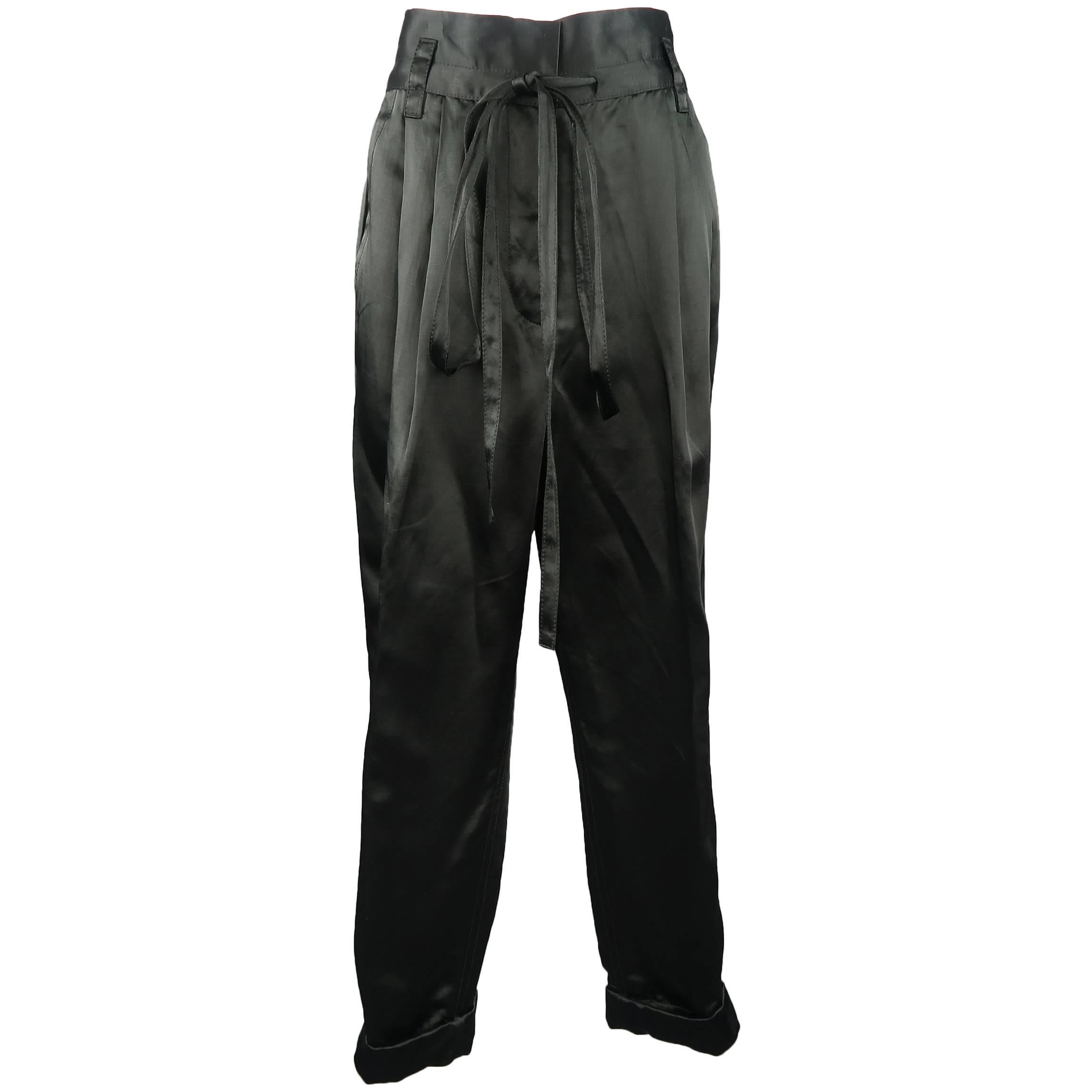 MARC JACOBS Size 4 Black Linen Blend Satin Pleated Cuffed Pants