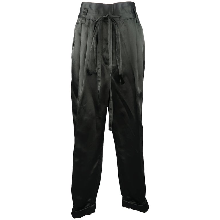 MARC JACOBS Size 4 Black Linen Blend Satin Pleated Cuffed Pants at 1stDibs