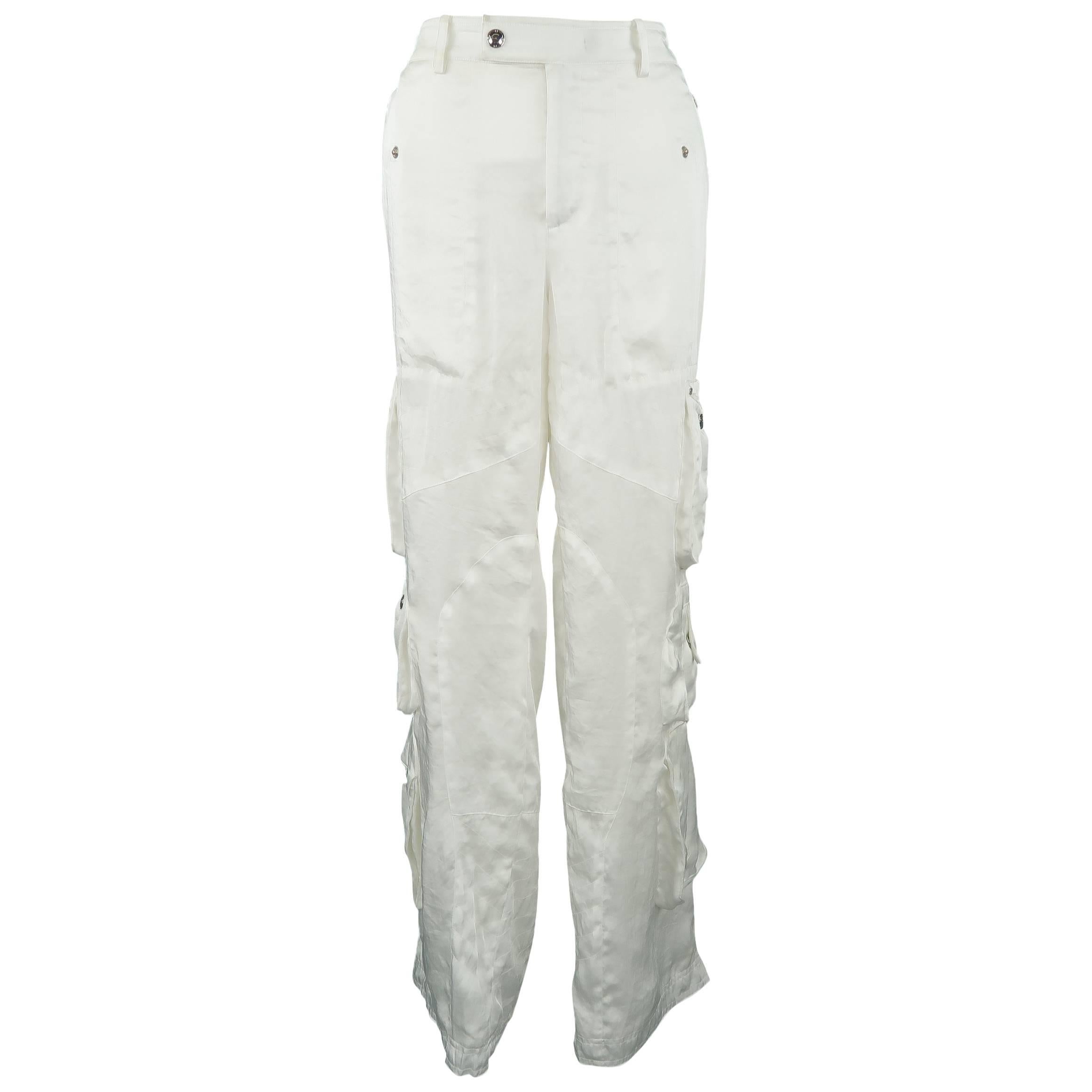 RALPH LAUREN Size 8 White Sheer Satin Cargo Moto Pants