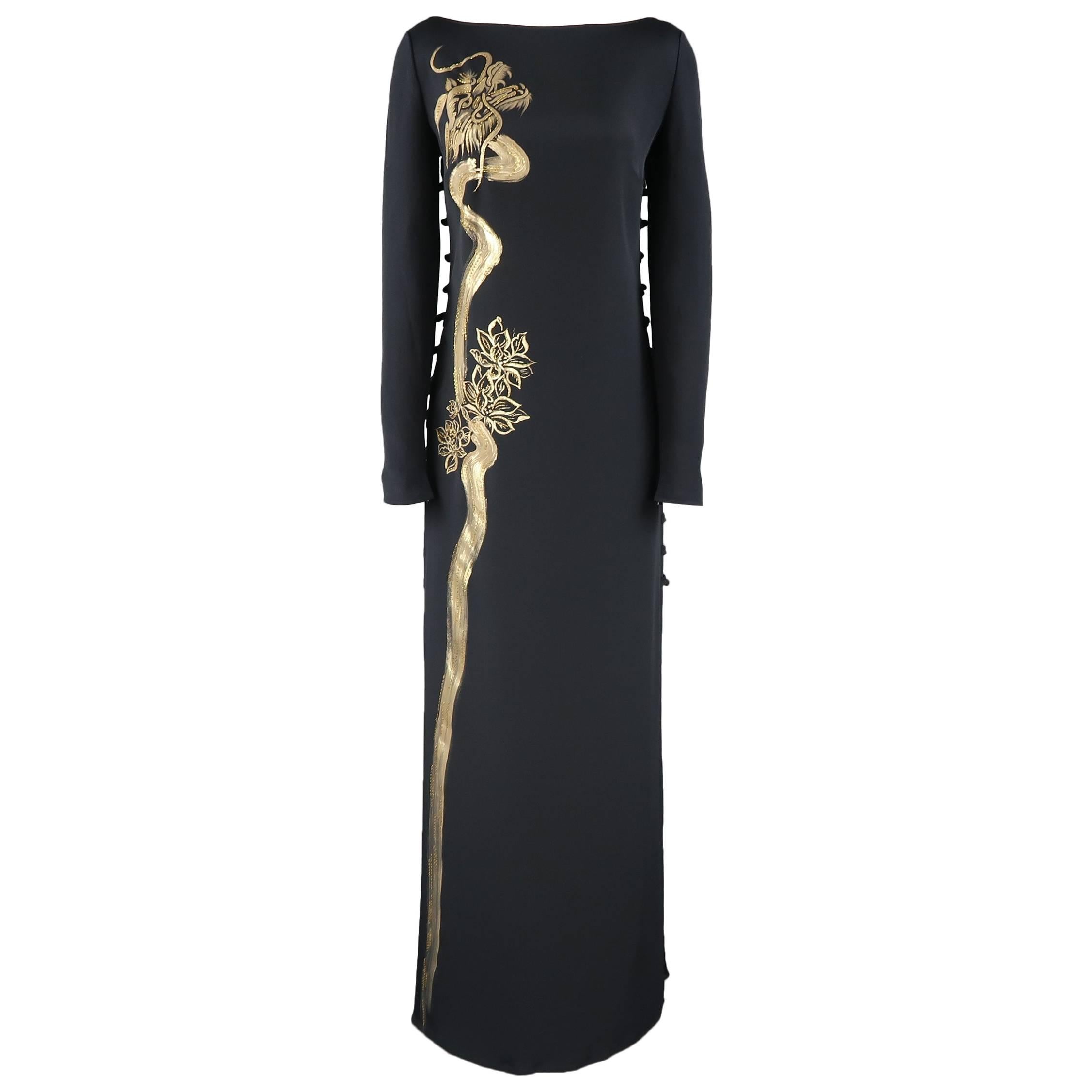 Emilio Pucci Gown - Black Silk Gold Painted Dragon Column Dress