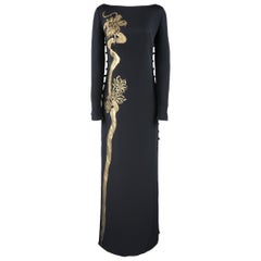 Emilio Pucci Gown - Black Silk Gold Painted Dragon Column Dress