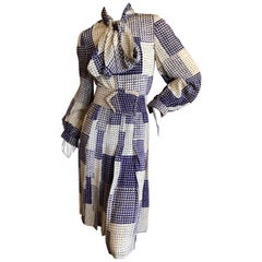 Vintage Cardinali 1970's Check Pattern Silk Day Dress with Pussy Bow