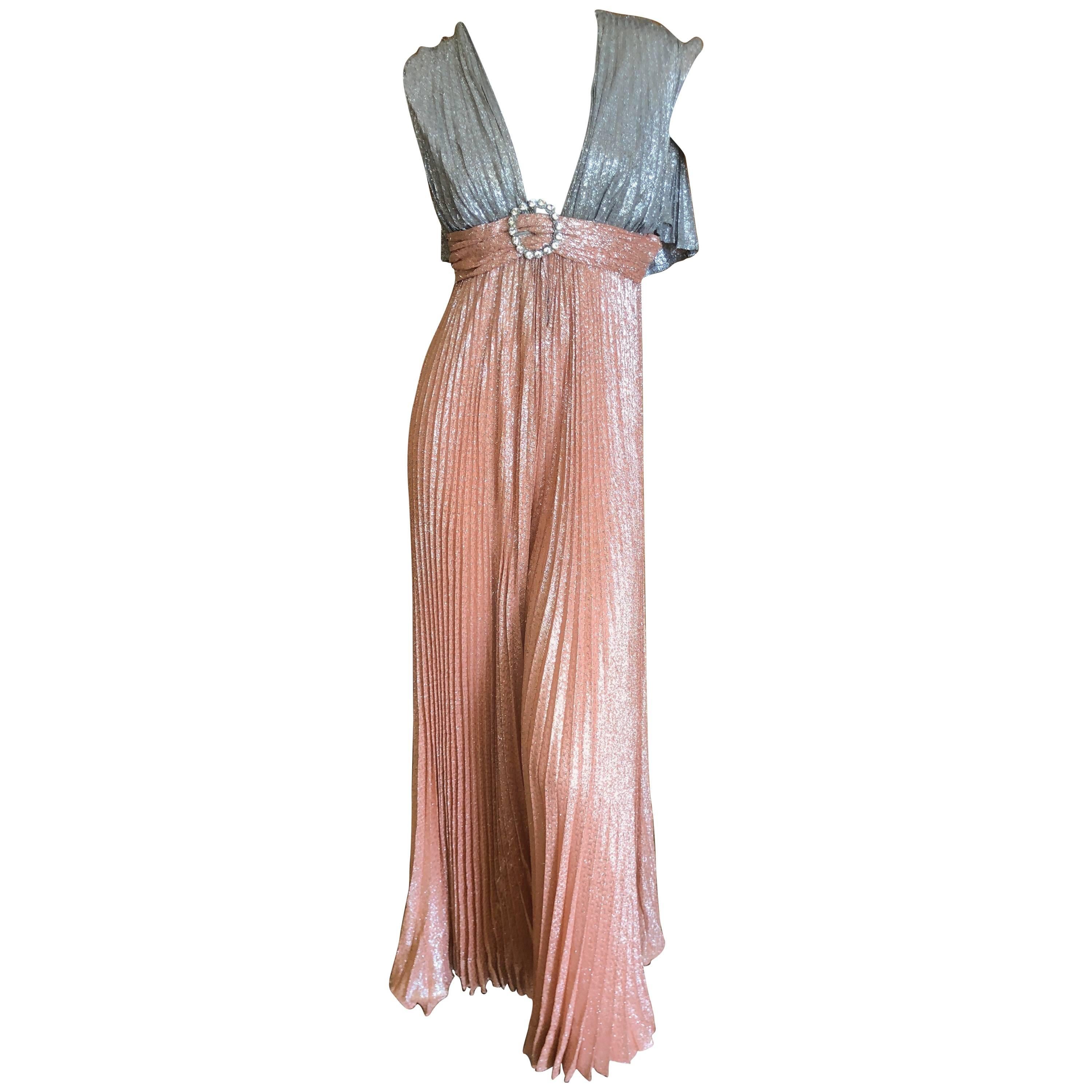 Cardinali Metallic Copper and Silver Lurex Pleated Jumpsuit with Capelet Back For Sale