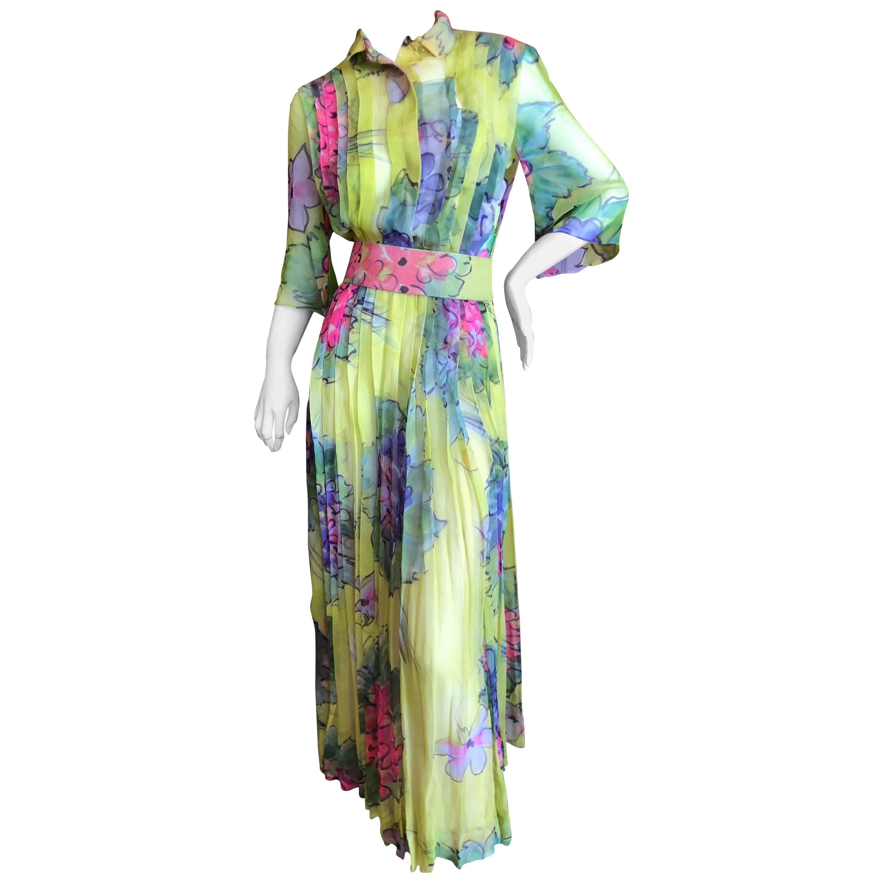 Cardinali Pleated Silk Chiffon Floral Evening Jumpsuit Dress with Belt For Sale