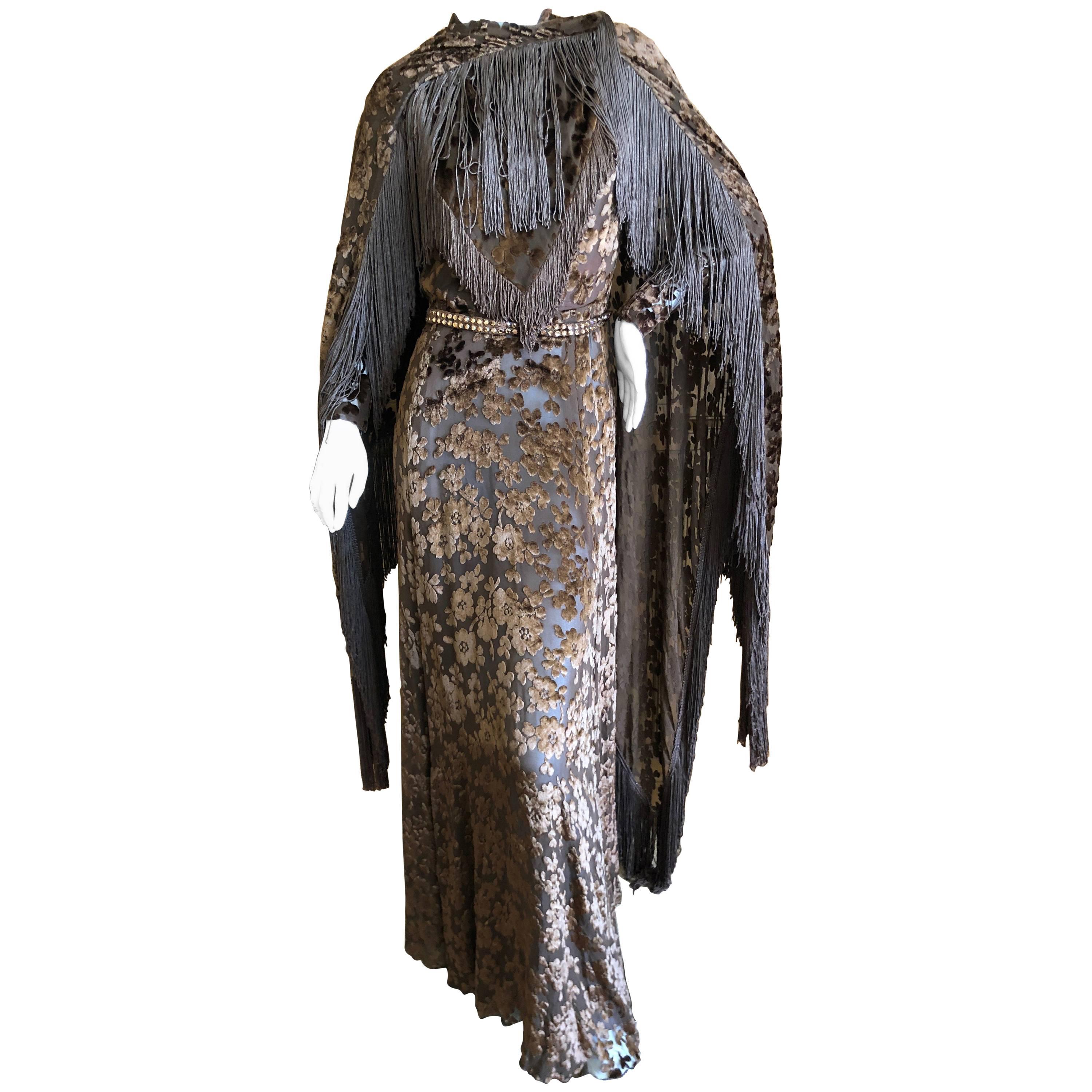 Cardinali Sheer 1970's Devore Velvet Fringed Evening Dress with Fringe Shawl  For Sale