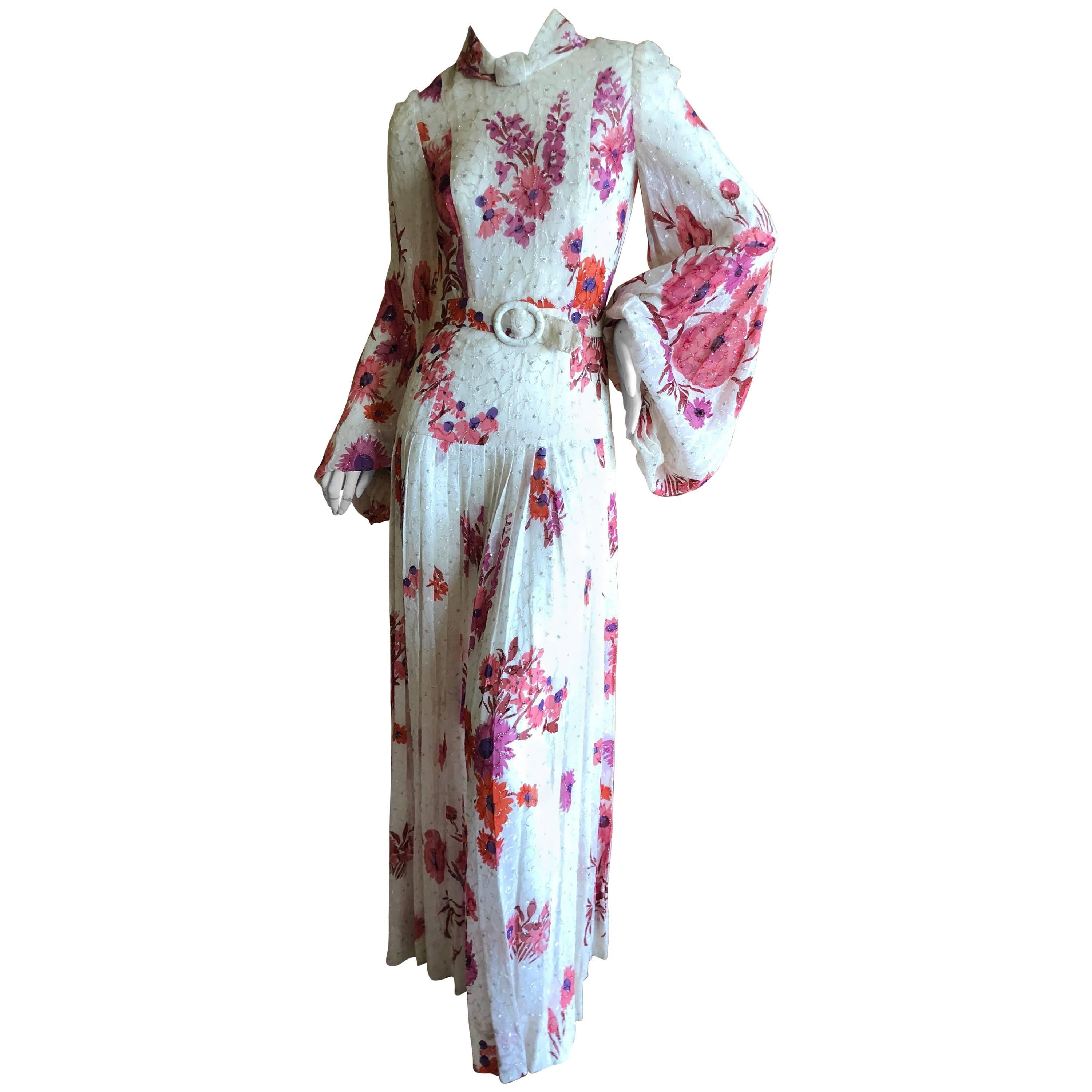 Cardinali Elegant Ivory Floral Silk Belted Poet Sleeve Evening Dress 