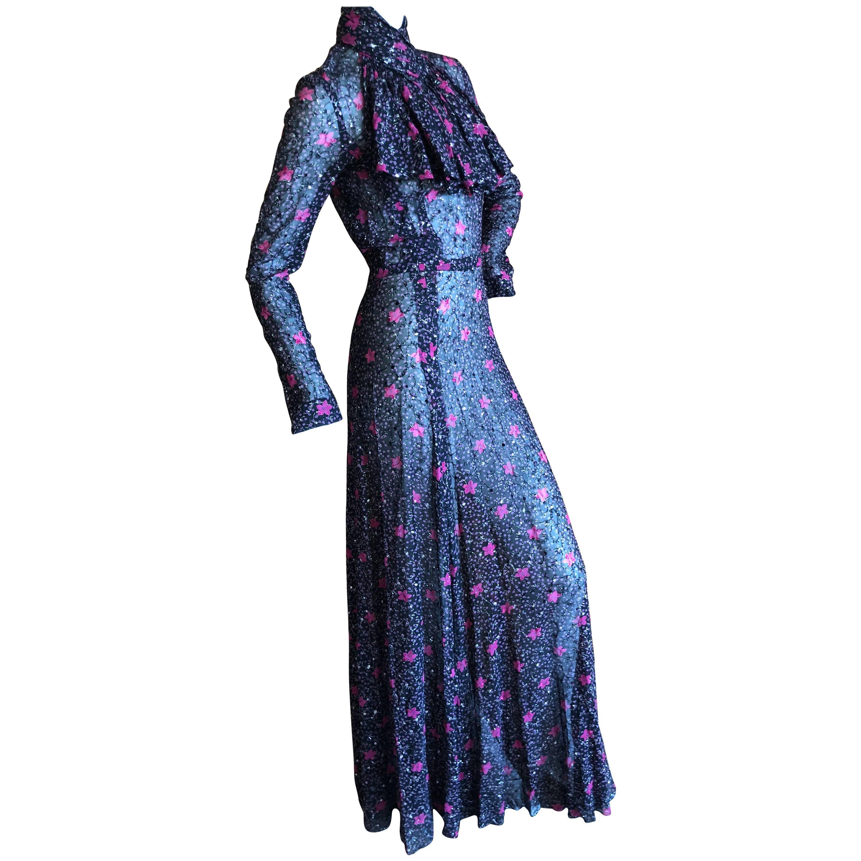 Cardinali Sheer Metallic Devore Velvet Floral Pattern Evening Dress For Sale