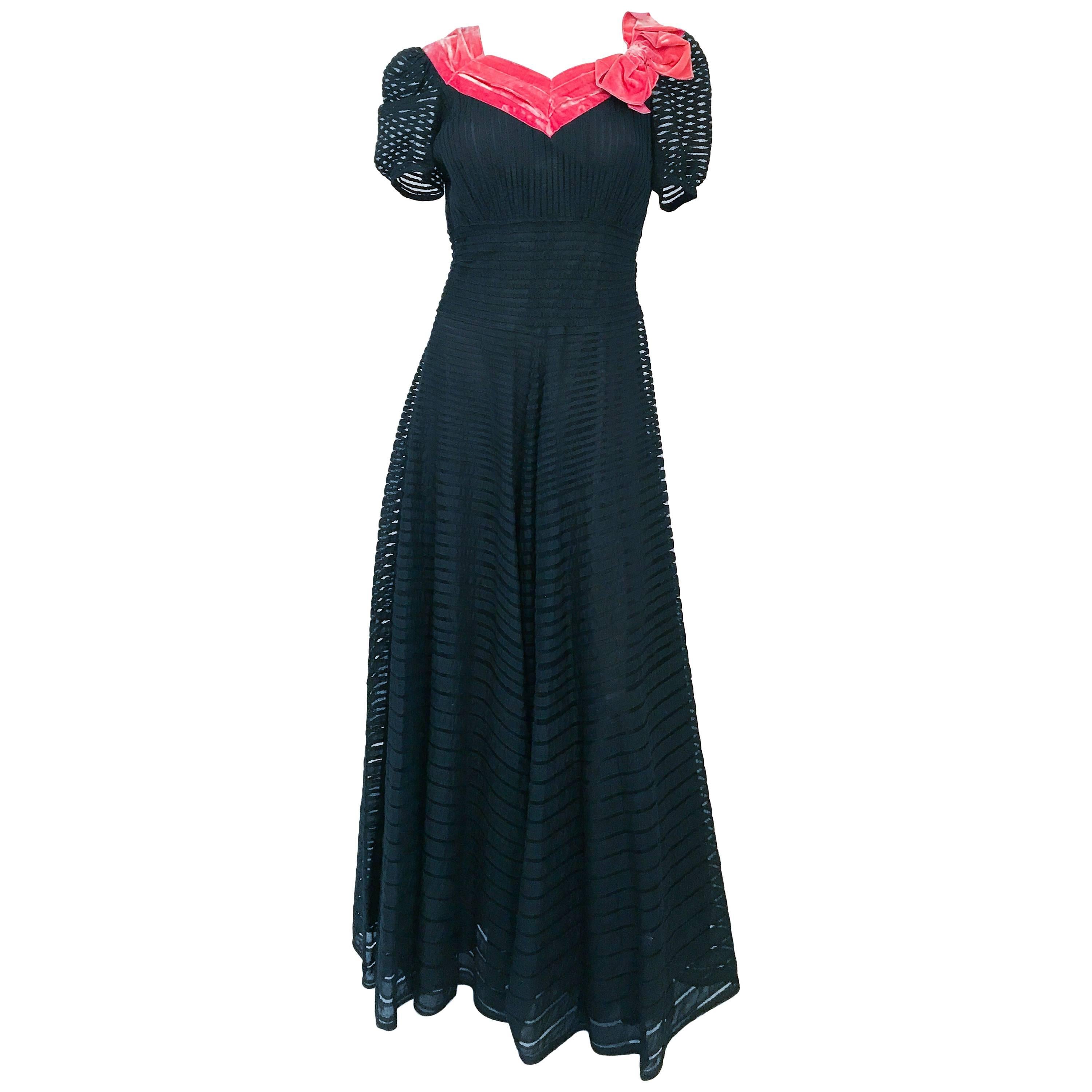 1930s Black/Coral Ribbon Silk and Velvet Dress For Sale