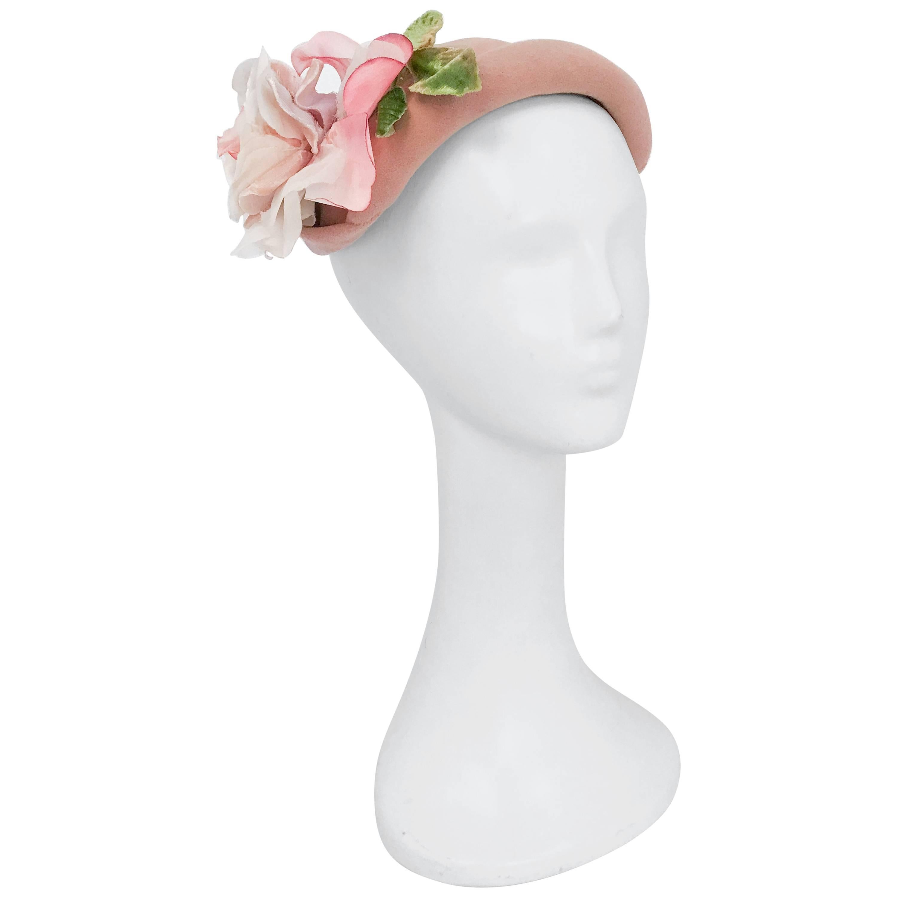 1950s I. Magnin Pink Hat with Silk and Velvet Flower