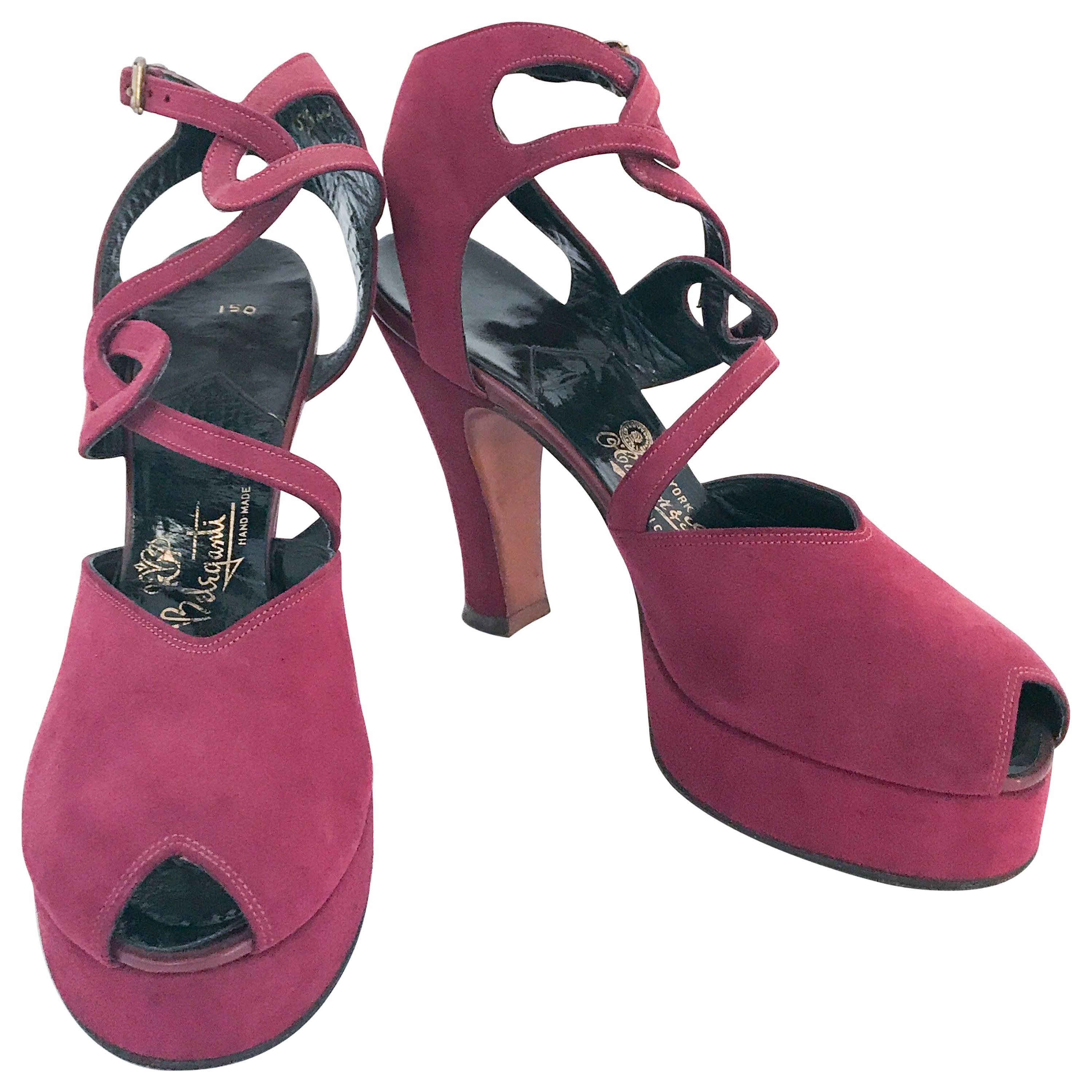 1947 Plum Suede Heels With Strap and Cut-out Accents For Sale