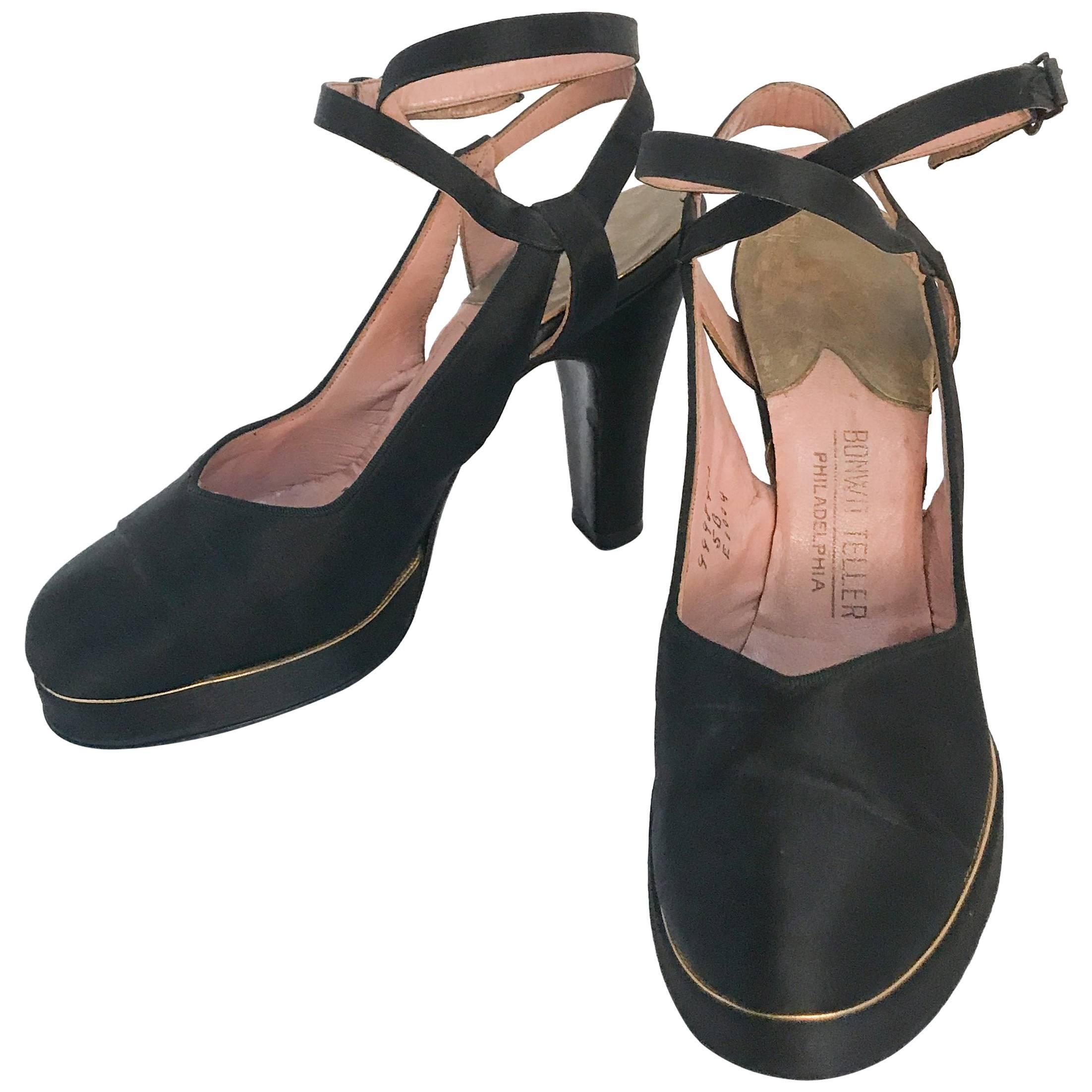 1940s Black and Gold Satin Strap Heels
