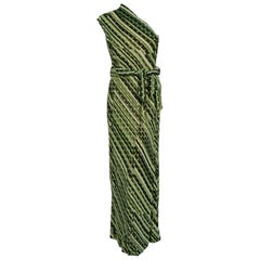 Vintage 1970's Pauline Trigere Metallic Green Stripe Silk One-Shoulder Bias Cut Gown 