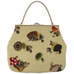 Vintage Large C.1960 Needlepoint Handbag With Mushroom Motif