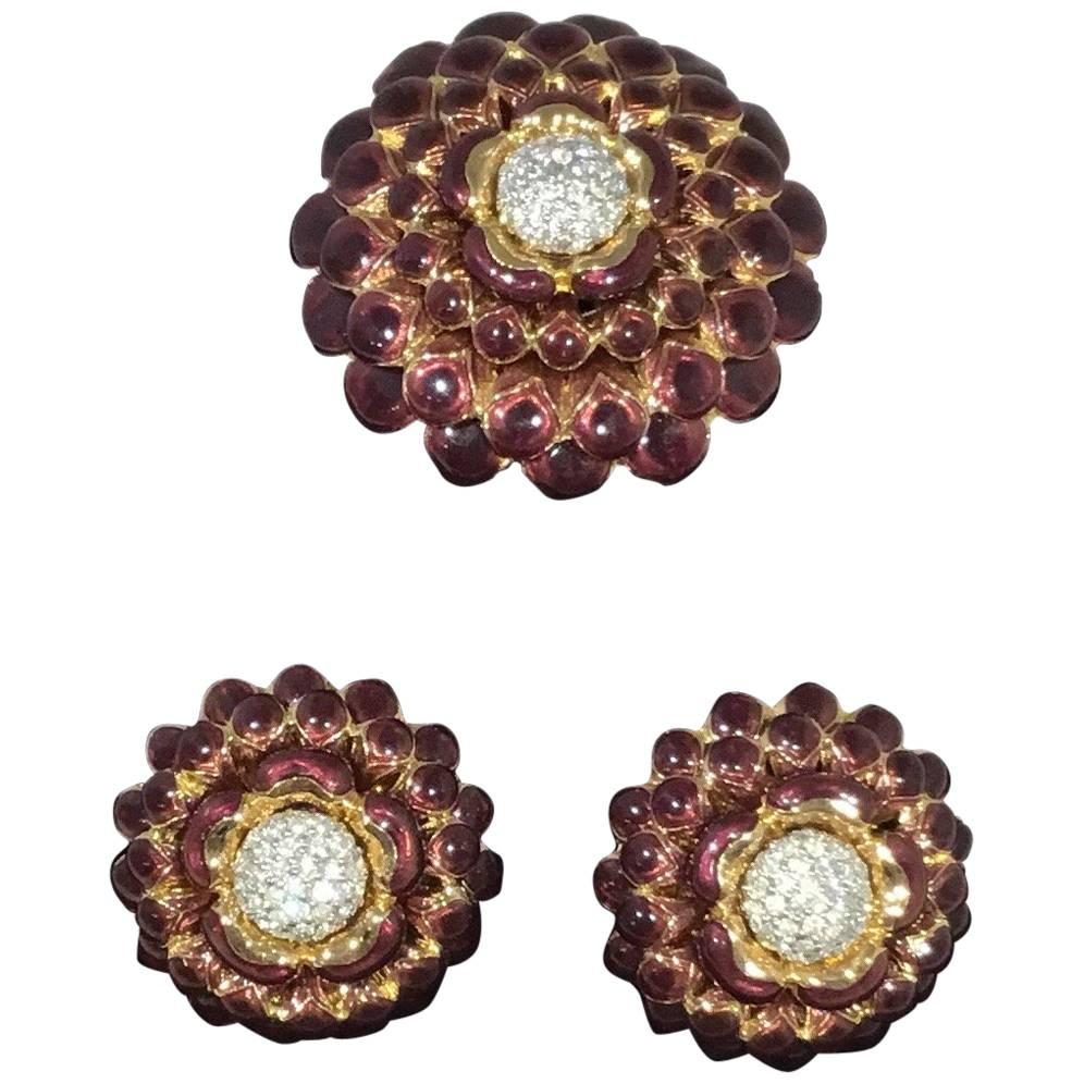 Judith Leiber Enamel Flower Brooch and Clip On Earring Set